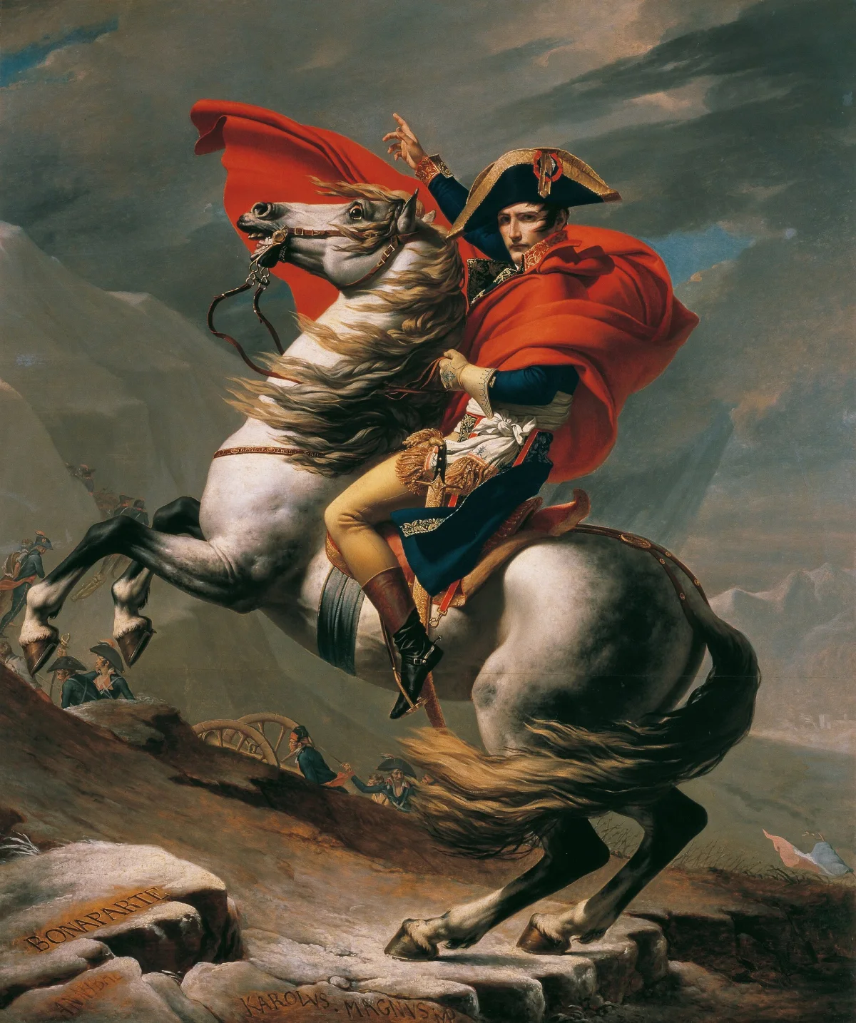 Napoleon on a rearing horse at the Great St Bernard Pass, pointing upward (David, 1802–1803)