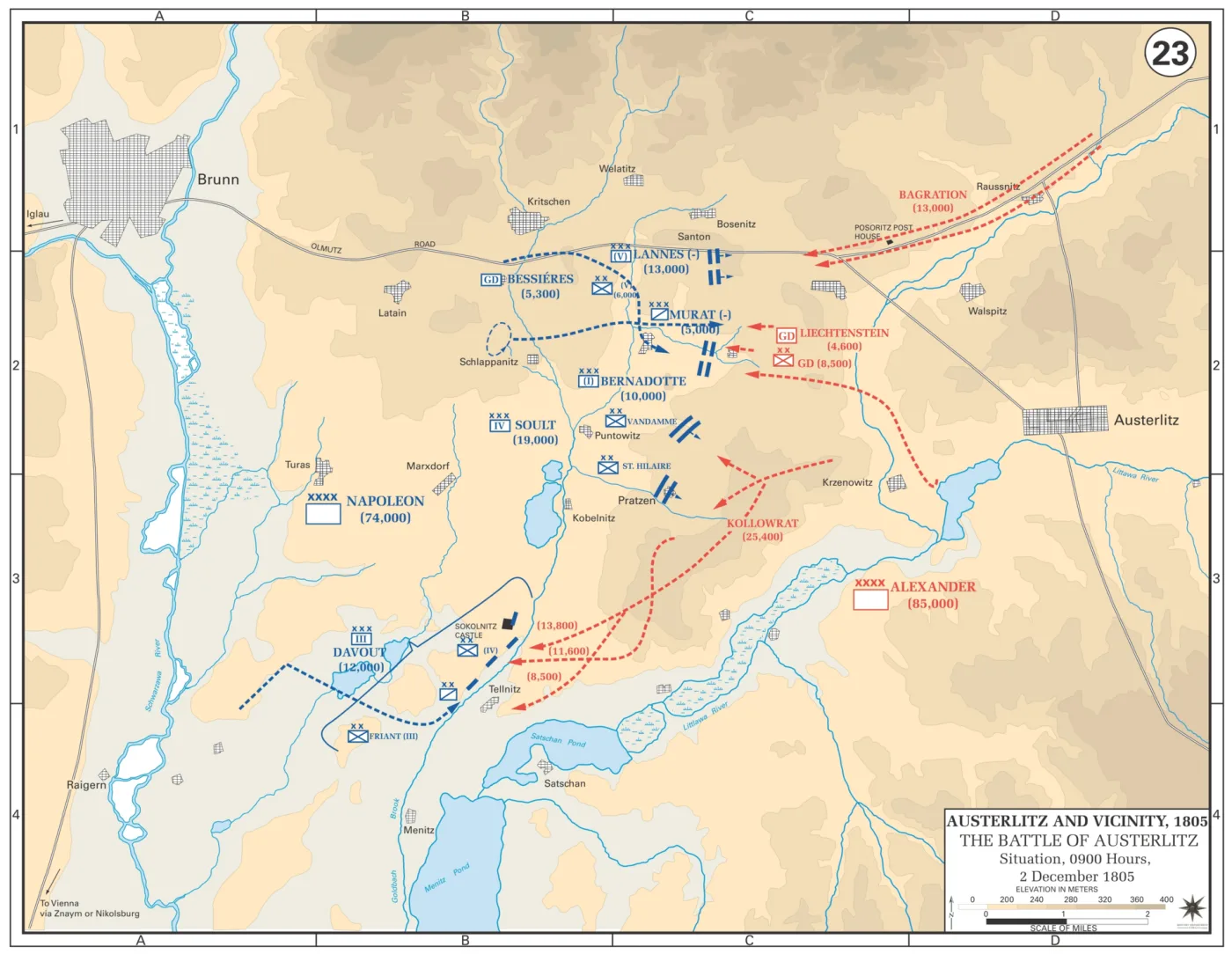 The decisive French assault on the Pratzen Heights splitting the Allied army at 0900 on 2 December 1805