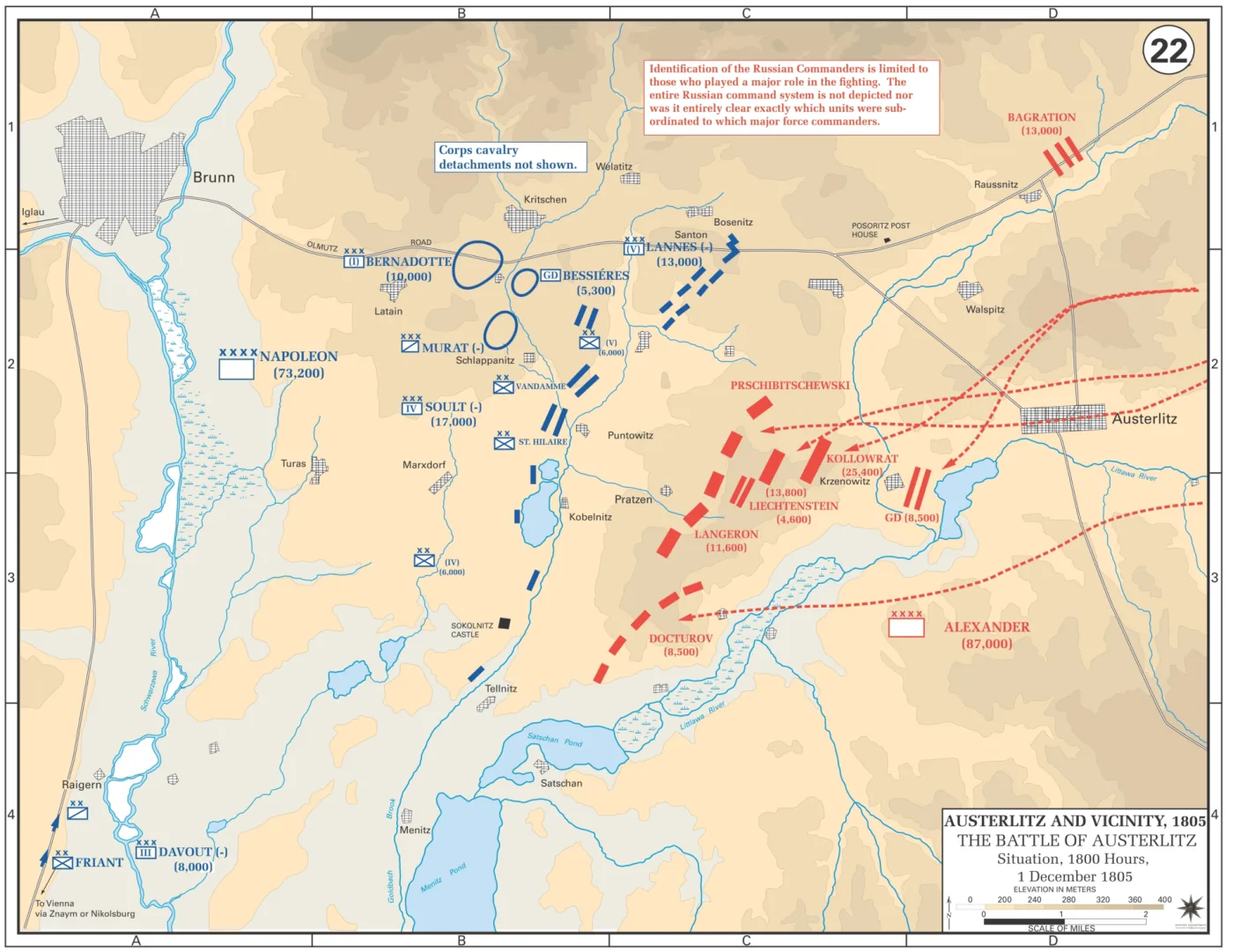 Allied (red) and French (blue) deployments at 1800 on 1 December 1805