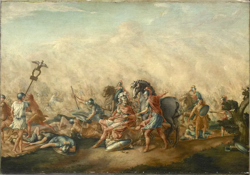 The consul Paullus awaiting death as the ring of Carthaginians closes (Trumbull, 1773)